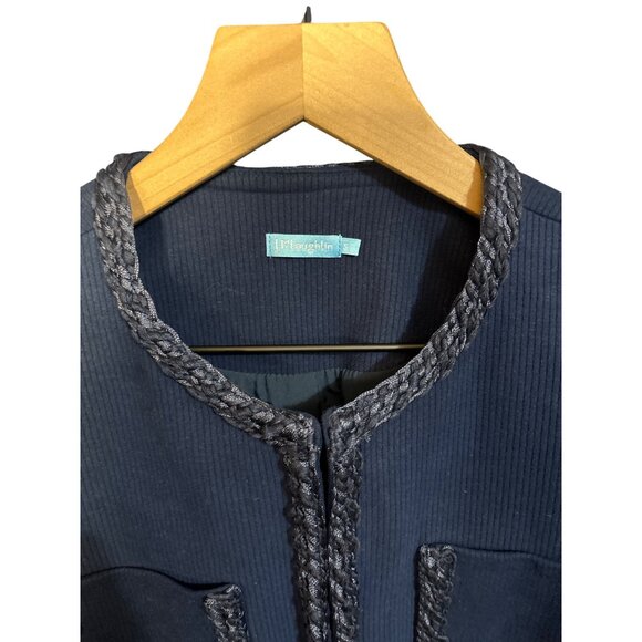 J.McLaughlin Navy Blue Ribbed Knit Jacket With Braided Trim Open Front 4 Pockets - Picture 4 of 6
